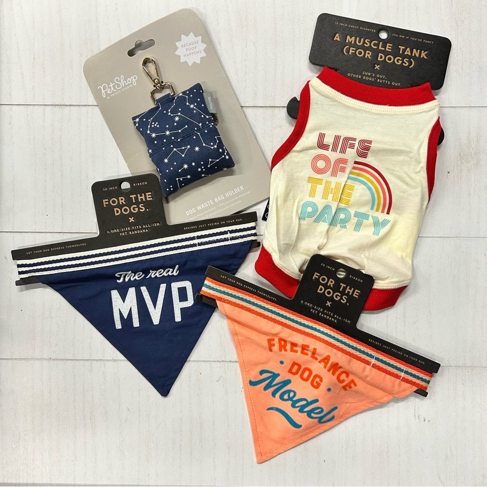 NWT (LOT OF 5) Dog bundle Brass Monkey‎ bandanas, shirt, waste bag holder.
